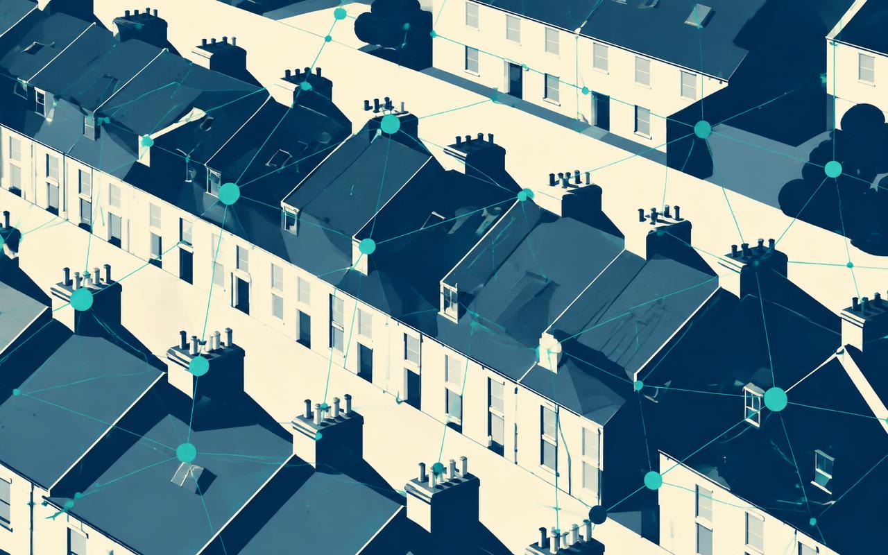 Illustration of terraced rooftops linked by data connections