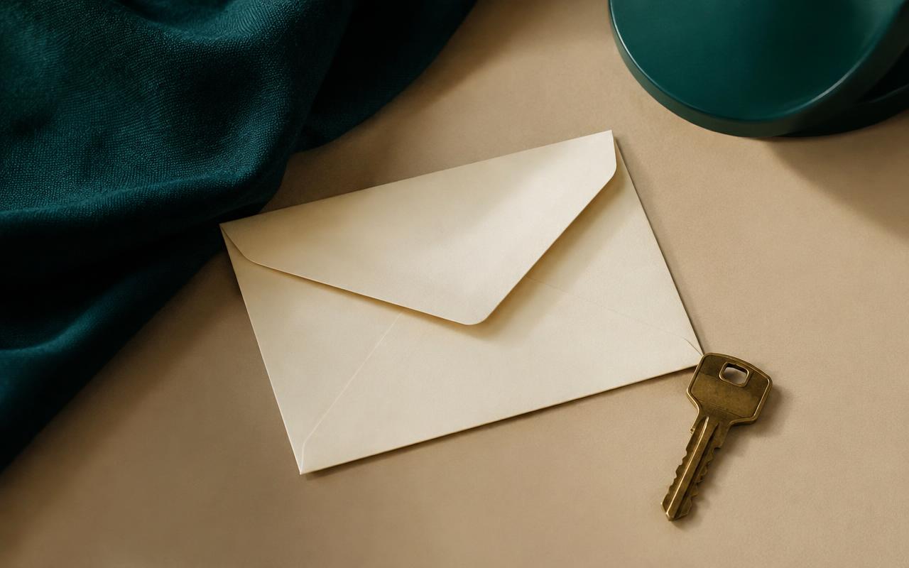 Envelope and house key on a neutral surface