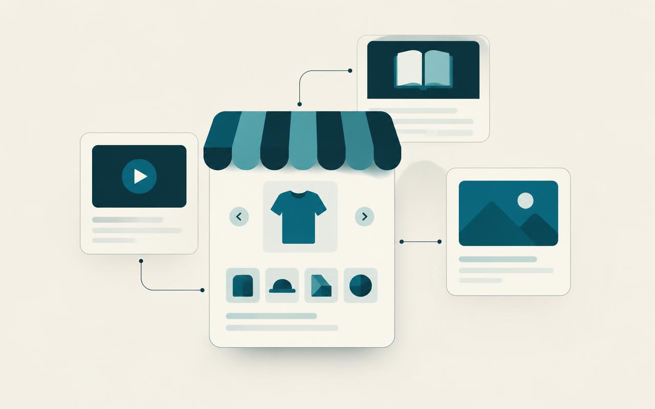 Illustration of a storefront connected to lesson and media cards